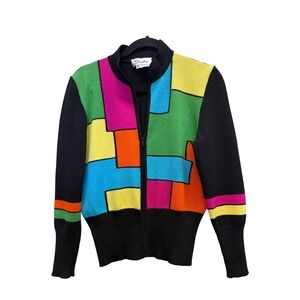 Toula Vintage Colorblock Geometric Zip Up Cardigan Sweater Womens 10 Black Multi
